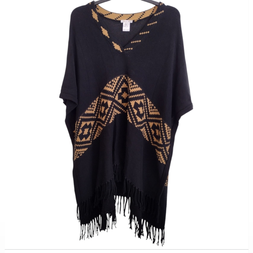 Minnie Rose Black Tan Geometric Poncho One Size Fits All